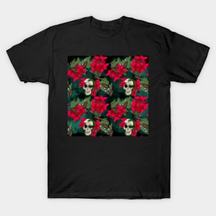 Gothic Pagan Holiday Skulls, Snakes, and Poinsettia Black and Evergreen T-Shirt